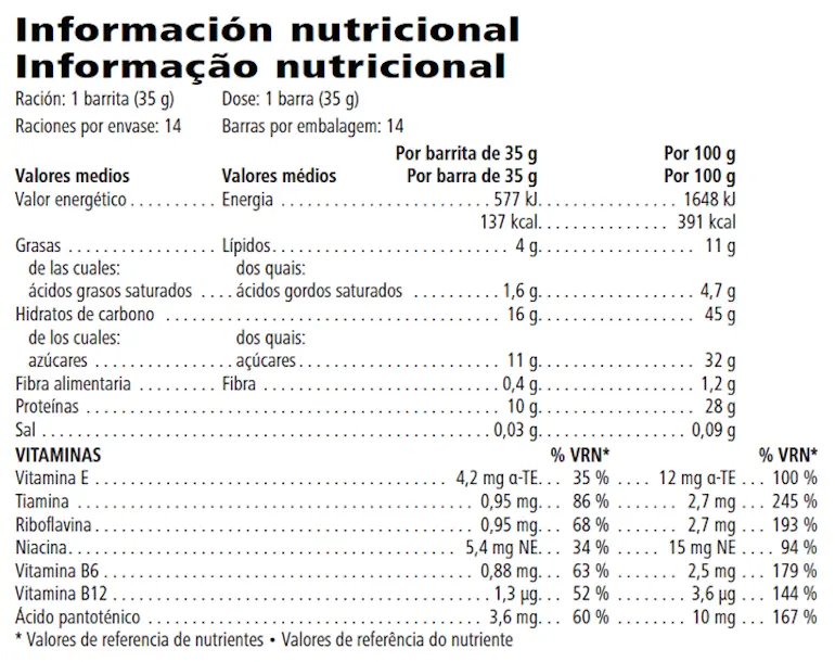 Etiqueta nutricional de las Barritas con proteínas Herbalife vainilla y almendra: 10 g de proteína de leche y 137 calorías por barrita