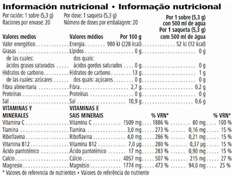 Tabla nutricional de Hydrate de Herbalife24 sabor naranja: sobre sin calorías con calcio, magnesio, vitamina C y vitaminas B1, B2, B12 y ácido pantoténico