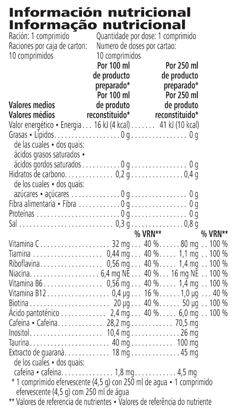 Tabla nutricional de LiftOff sabor lima-limón: comprimido efervescente con 75 mg de cafeína y 10 calorías por ración, con vitamina C y vitaminas del grupo B