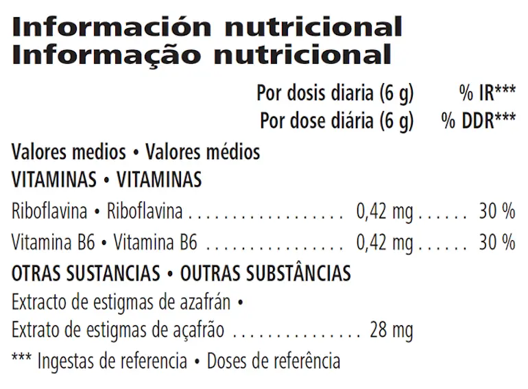 Información nutricional de Night Mode de Herbalife: 30 raciones, cucharada de 6 g con extracto de azafrán, riboflavina y vitamina B6, sin azúcar