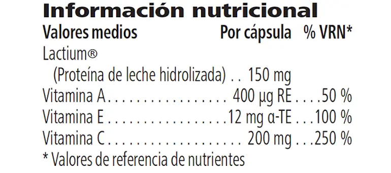 Tabla nutricional de Restore de Herbalife24: cápsula con 150 mg de Lactium, 200 mg de vitamina C y vitamina E
