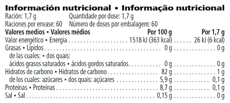 Información nutricional de la Bebida Instantánea de Extracto de Té Herbalife original 102 g: 6 calorías y 50 mg de cafeína por ración de 1,7 g